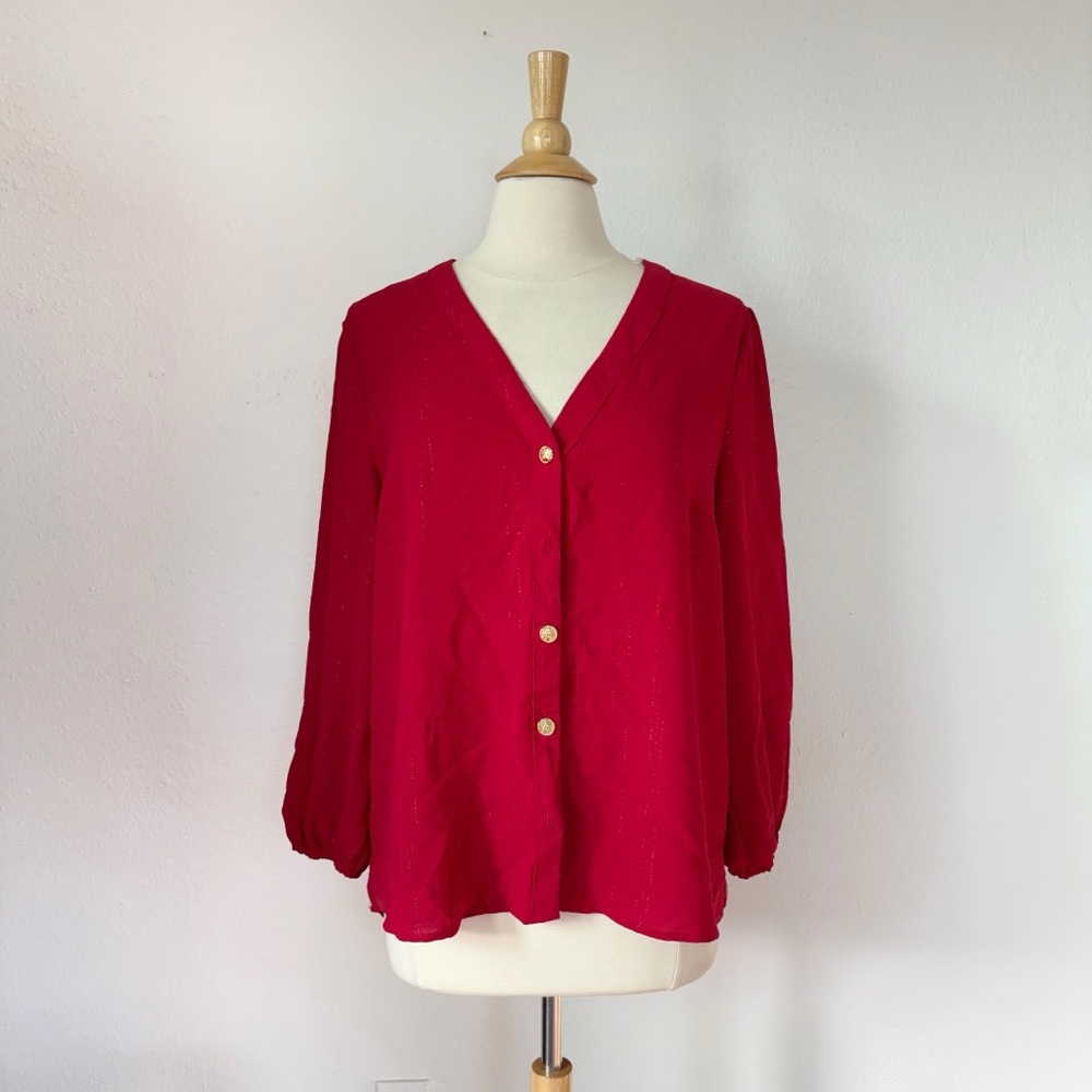 Fred David Red & Gold V-Neck Long Sleeve Button Front Blouse